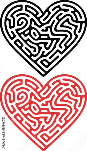 Heart shaped maze illustrations in black and red color  love concept Vector illustration