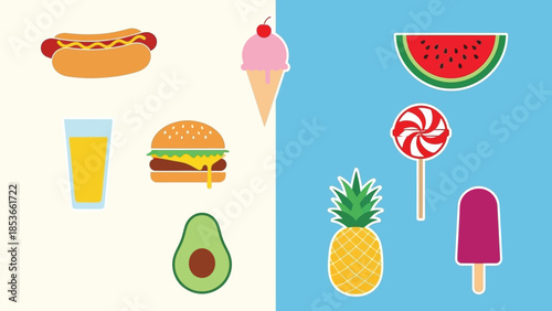 A collection of cartoon food and drink illustrations on a split background, depicting snacks and treats