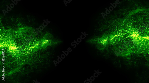 Green neon light energy swirls on dark background