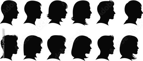 Black human head profile icons, hairstyle silhouette set, diverse face vector graphics, editable character design for UI, apps, infographics, identity, avatars, fashion, and creative modeling visuals