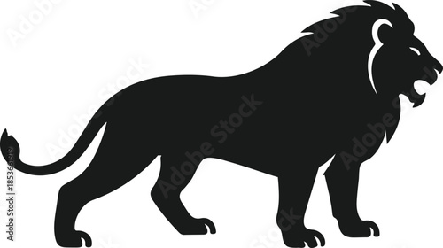 A striking black silhouette of a majestic roaring lion in profile