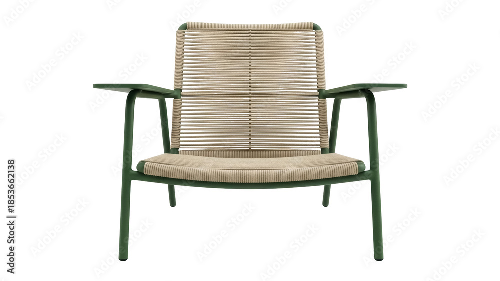 Fototapeta premium Modern green lounge chair with woven seat isolated PNG, stylish outdoor furniture for patio or garden on transparent background