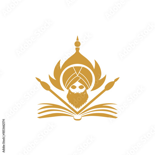 Golden sikh symbol with detailed turban and spear on a white backdrop