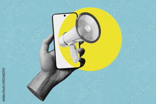 A modern art collage featuring a megaphone on a blue background. A concept for publicity and advertising.