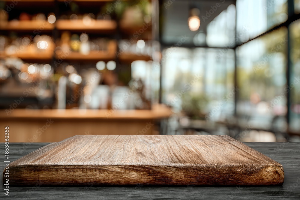 Fototapeta premium Empty wooden tabletop surface with a blurred background of a modern cafe