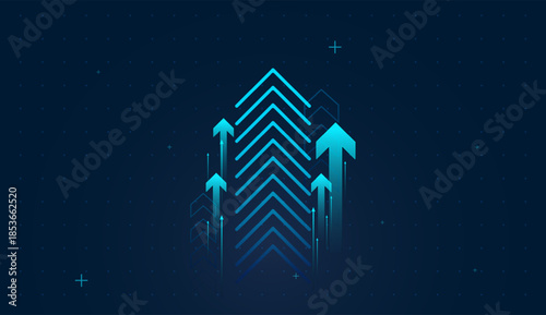 Stacked blue arrows rising upward symbolize consistent financial growth and business progress. Multiple upward arrows represent increasing profits, performance