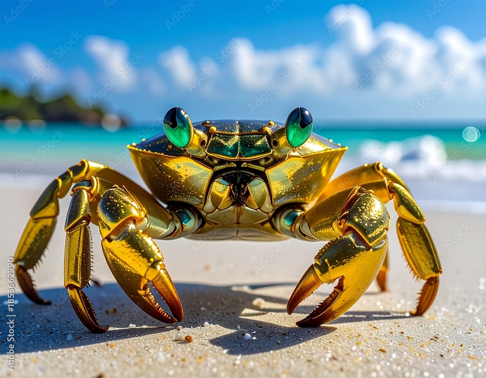 Fototapeta premium Golden crab with emerald eyes on sandy beach
