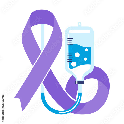 Purple Cancer Awareness Ribbon and Chemotherapy IV Drip Bag Medical Symbol