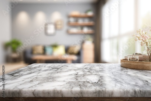 Marble tabletop in a modern, sunlit living room with blurred background
