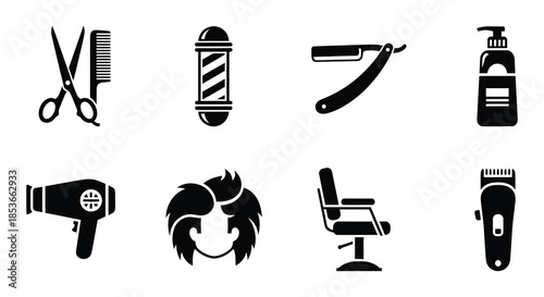 Black silhouette icons representing barber tools haircuts and hair styling services