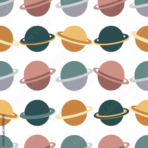 Seamless Pattern of Colorful Cartoon Planets with Rings 1. Vector Illustrations. EPS Editable