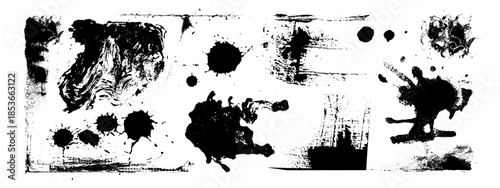 Abstract black paint strokes and stains on white background. Vector realistic illustration of poster with ink splatters, charcoal marks texture, rough graffiti spray spots, grunge banner pattern