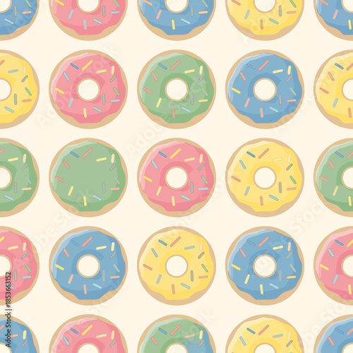 Seamless Pattern of Colorful Frosted Donuts with Sprinkles. Vector Illustrations. EPS Editable