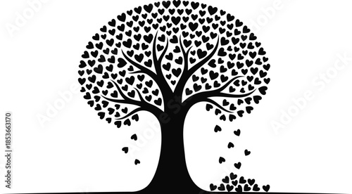 Tree with heart shaped leaves falling from branches Vector illustration