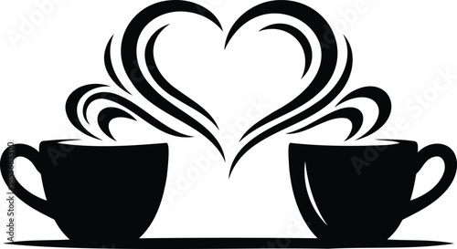 Two coffee cups with heart shaped steam rising Vector illustration
