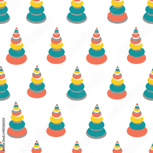 Seamless pattern of colorful stacking ring pyramid toys for children. Vector Illustrations. EPS Editable