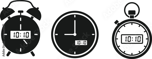 Black timekeeping icons, clock and stopwatch symbol set, analog digital vector graphics, time display silhouette design, editable hour emblem for UI, apps, infographics, productivity