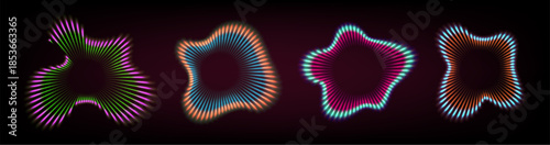 Psychedelic sound ripple waves on black background. Vector realistic illustration of abstract shapes with color gradient light streaks, circular tech radar signal, hypnotic pulse, sonar effect