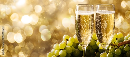 Champagne glasses with grapes and a festive background