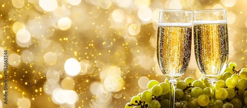 Champagne glasses with grapes and a festive background