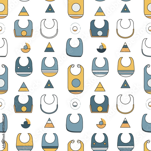 Seamless Pattern of Cute Baby Bibs and Geometric Shapes. Vector Illustrations. EPS Editable