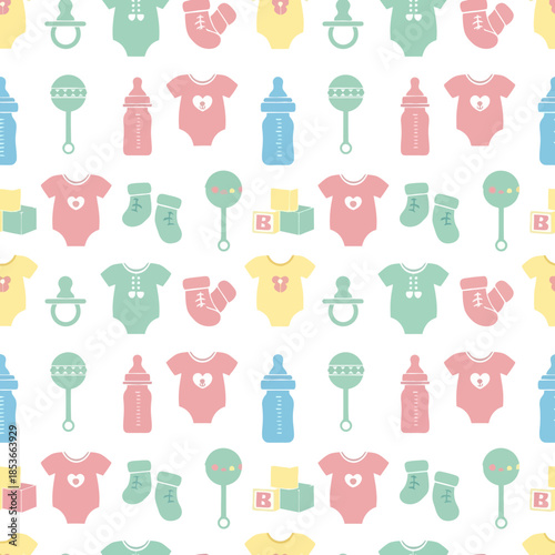 Seamless Pattern of Cute Baby Clothes and Accessories in Pastel Colors. Vector Illustrations. EPS Editable