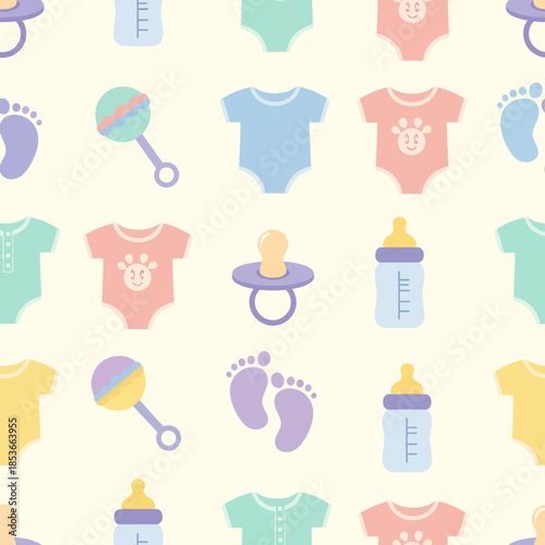 Seamless Pattern of Cute Baby Icons for Newborns and Toddlers. Vector Illustrations. EPS Editable