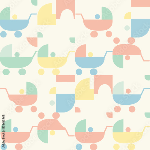 Seamless Pattern of Cute Baby Strollers in Pastel Colors. Vector Illustrations. EPS Editable
