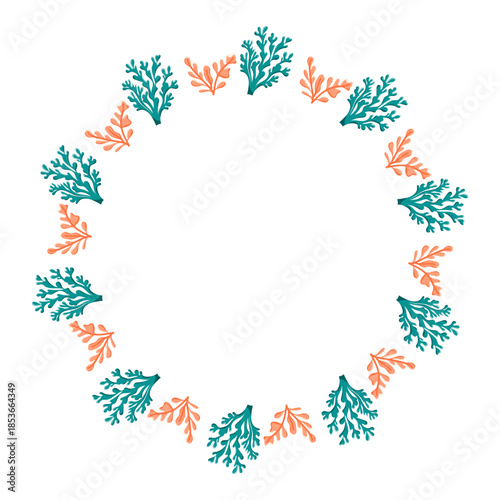 Decorative seaweed wreath with stylized marine algae arranged in circular frame, ideal for ocean themed invitations, summer design, branding, packaging, stationery and coastal decor projects