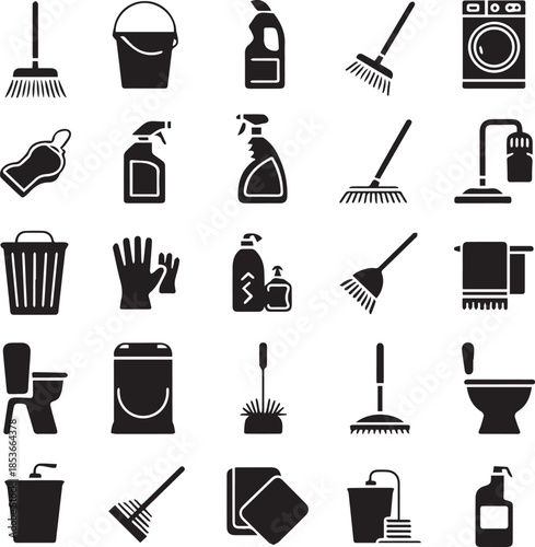 Cleaning and Household Solid Icon Set – Hygiene, уборка, Home Care Symbols