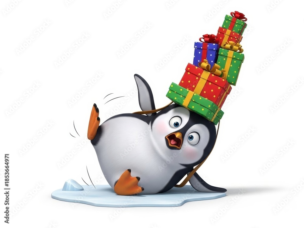 Obraz premium Funny Cartoon Penguin Falling on Ice with Stack of Colorful Holiday Gifts isolated PNG with Transparent Background