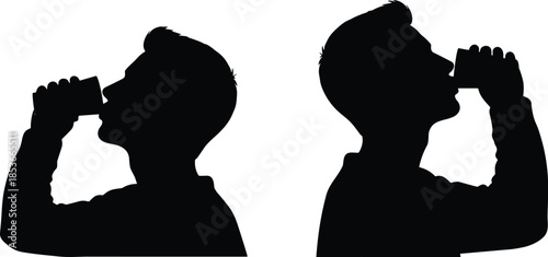 Set of black vector silhouettes of a man drinking water from a glass isolated on white background for graphic design