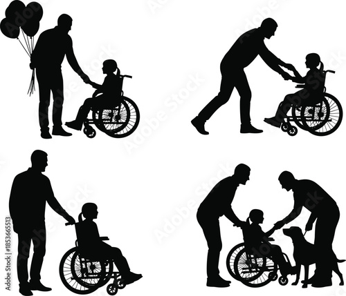 Set of black vector silhouettes of a father helping his disabled daughter in a wheelchair isolated on white background