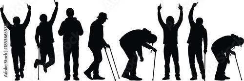 Set of black vector silhouettes of elderly men standing walking with canes and raising hands isolated on white background