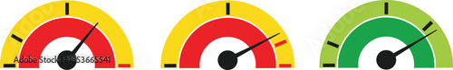 Gauge meter icon set, black and white performance indicators, rating levels, dashboard visuals, perfect for analytics design, risk assessment graphics, satisfaction metrics