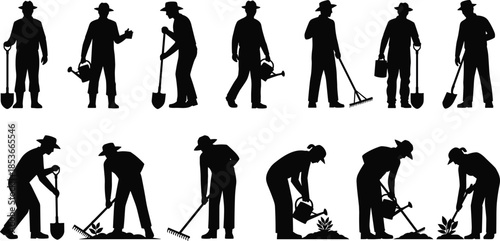 Set of black vector silhouettes of farmers gardening with shovel rake and water can isolated on white background for agriculture