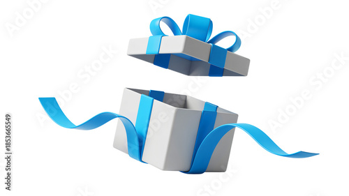 White gift boxes with blue ribbons and bows floating in air