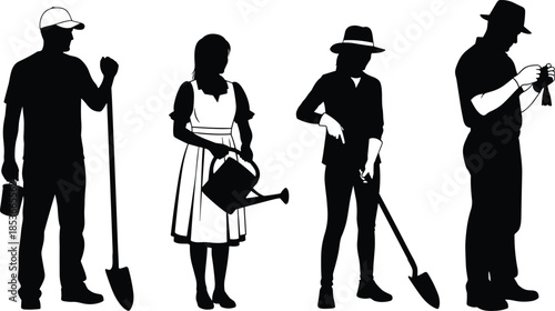 Set of black vector silhouettes of gardeners and farmers holding shovels and watering cans isolated on a white background for design