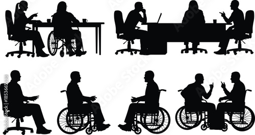 Set of business meeting silhouettes showing people in office chairs and disabled colleagues in wheelchairs vector illustration isolated on white