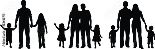Vector collection of black silhouettes of happy families standing together holding hands with children isolated on white