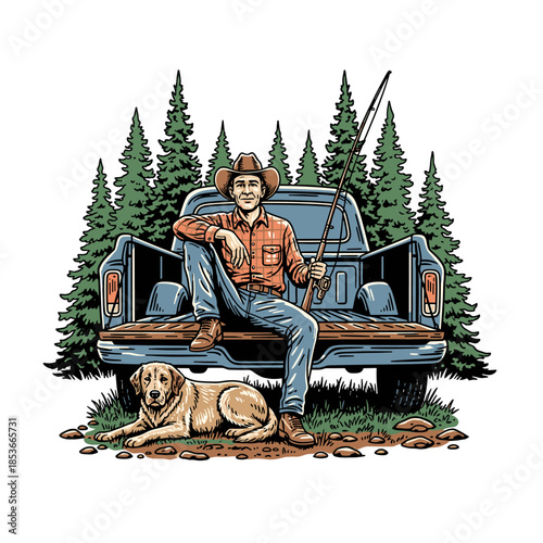 man in a cowboy hat sitting in the back of a pickup truck holding a fishing rod with his dog.