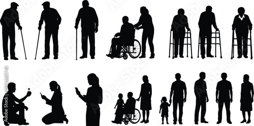 Vector set of black silhouettes of elderly people with walking aids and younger family members isolated on white background