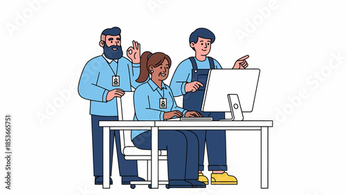 Team collaborating on a project at a desk with a computer and discussing ideas together