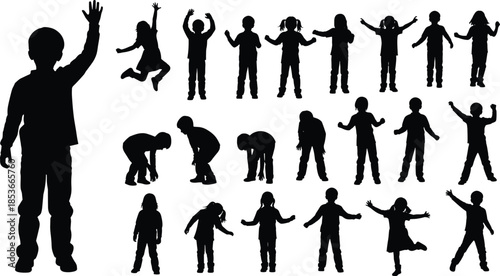 Vector set of black silhouettes of various children boys and girls playing jumping and standing isolated on white background