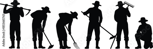 Vector set of black silhouettes of farmers wearing hats and holding agricultural tools like rake and hoe isolated on white