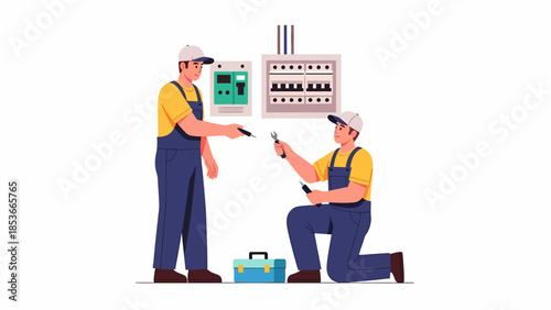 Two technicians collaborating on electrical work in an industrial setting, inspecting a control panel together.