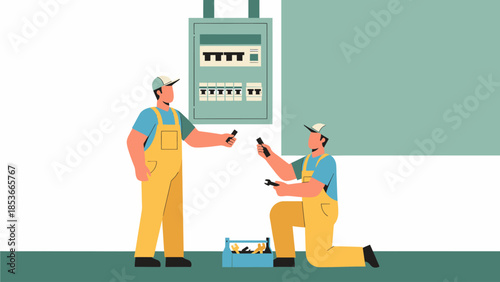 Two electricians working together on an electrical panel in a workplace setting