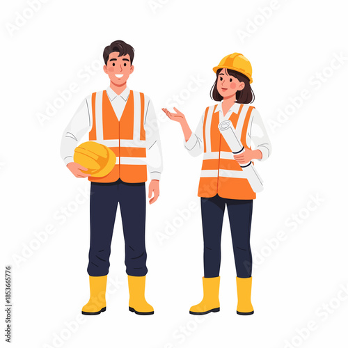 Two construction workers discussing a project on a building site