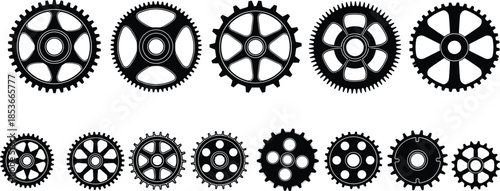 Gear icon set for mechanical design, engineering visuals, machinery components, editable stroke, black silhouette, vector pack, minimal style, industrial symbols, cogwheel illustrations