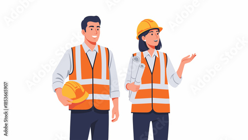 Two construction workers in safety vests standing together